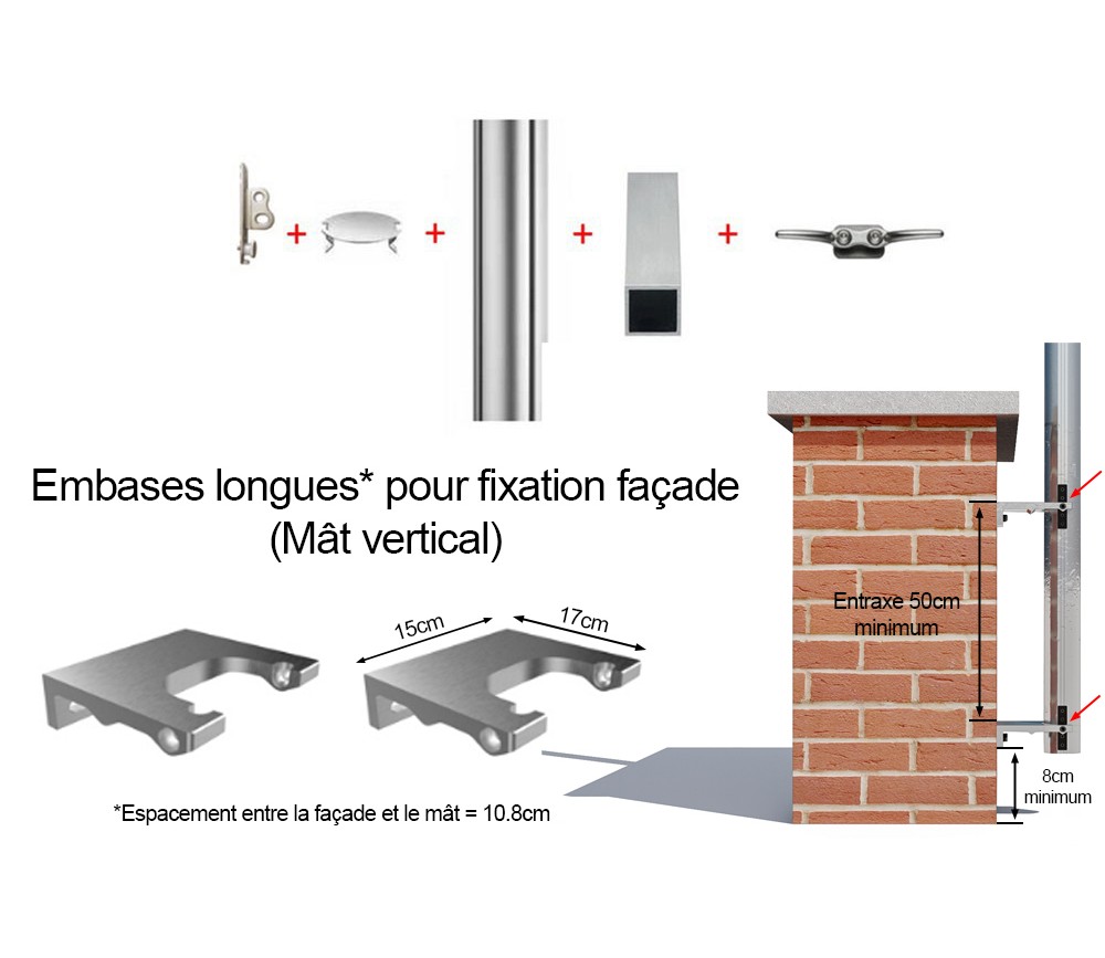 mât aluminium 2m60 avec embase de fixation façade longue